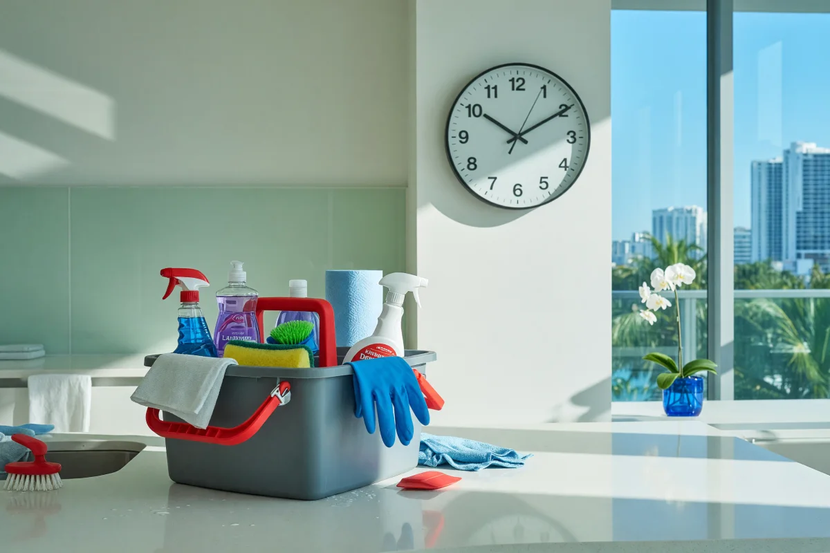 Caddy de limpieza profesional sobre un mesón de cocina bajo un reloj de pared en un apartamento luminoso de Miami