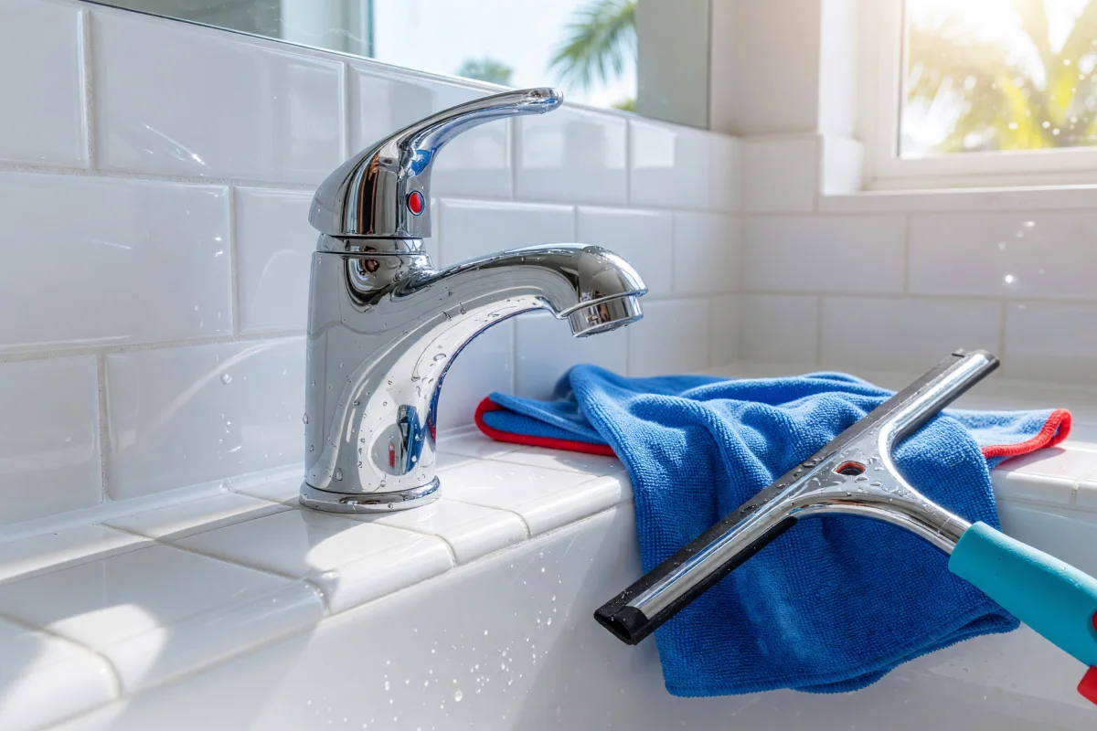 Grifería cromada reluciente y azulejos impecables con un paño de microfibra azul y un limpiavidrios