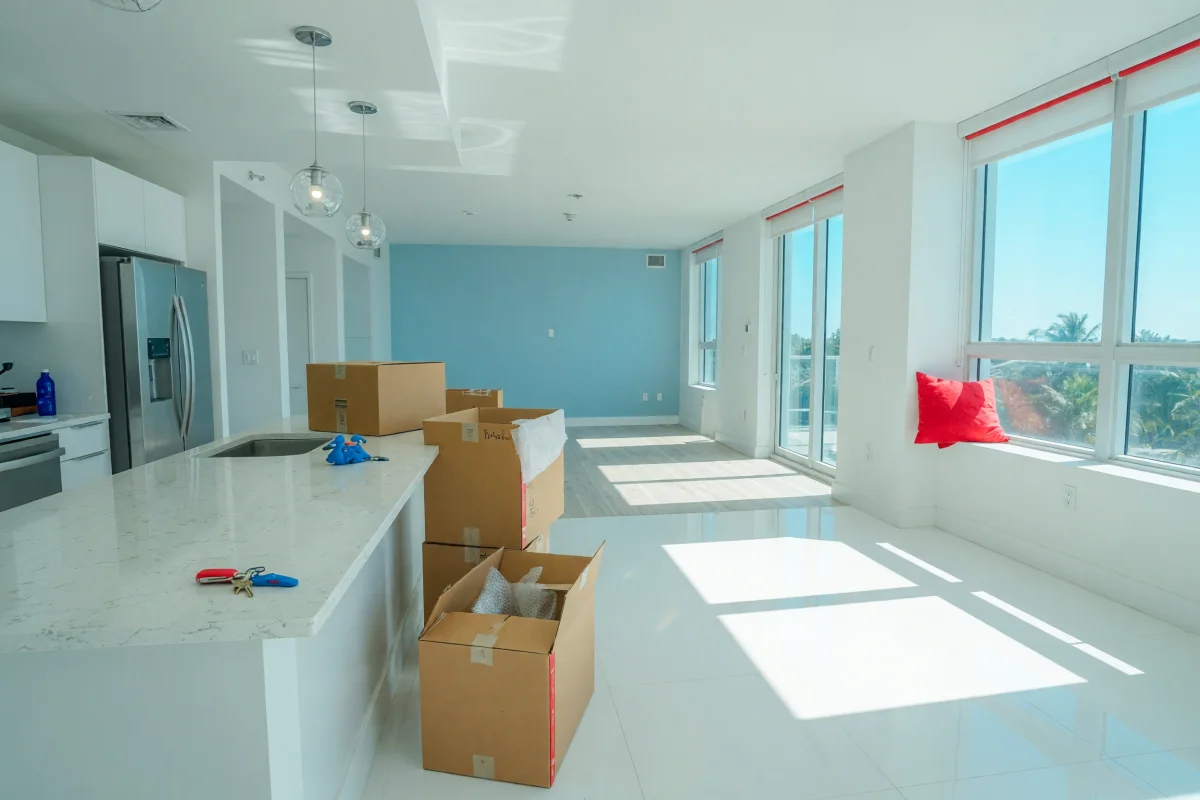 Apartamento vacío y luminoso con cajas de mudanza y llaves sobre el mesón, pisos recién limpiados
