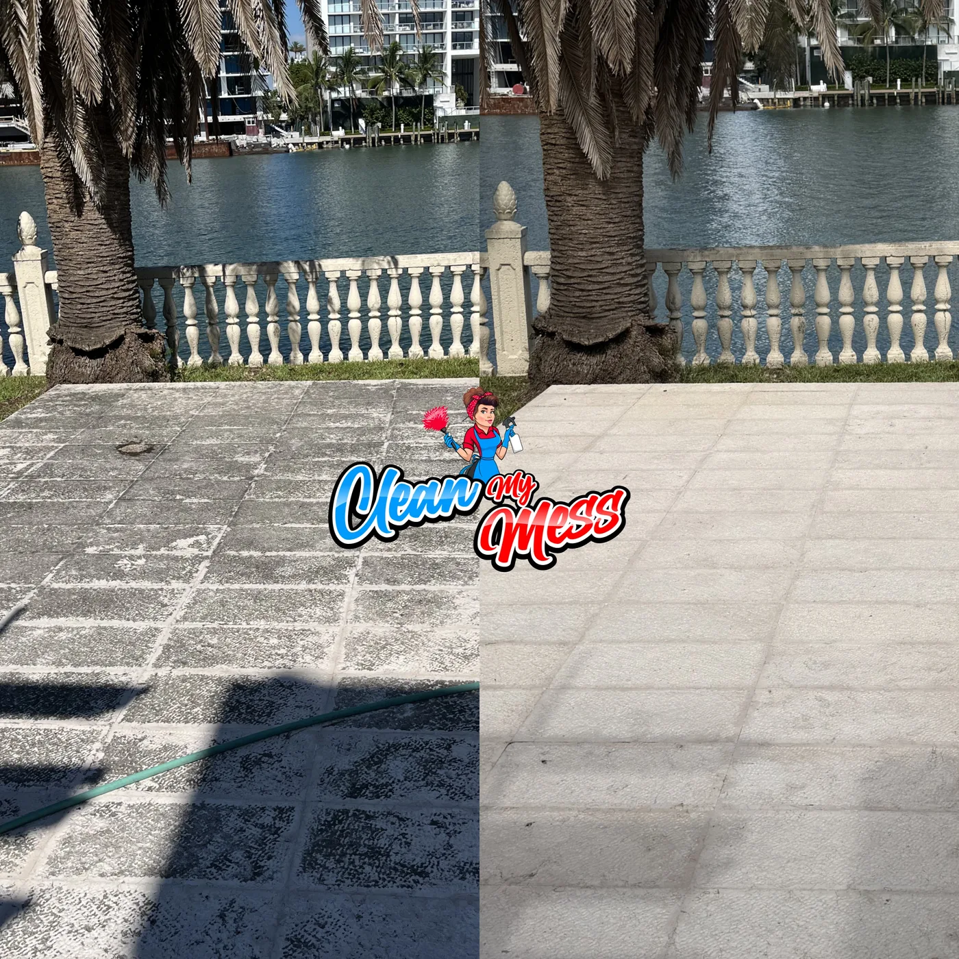 Terraza de piedra a medio lavado a presión con la línea de limpieza visible
