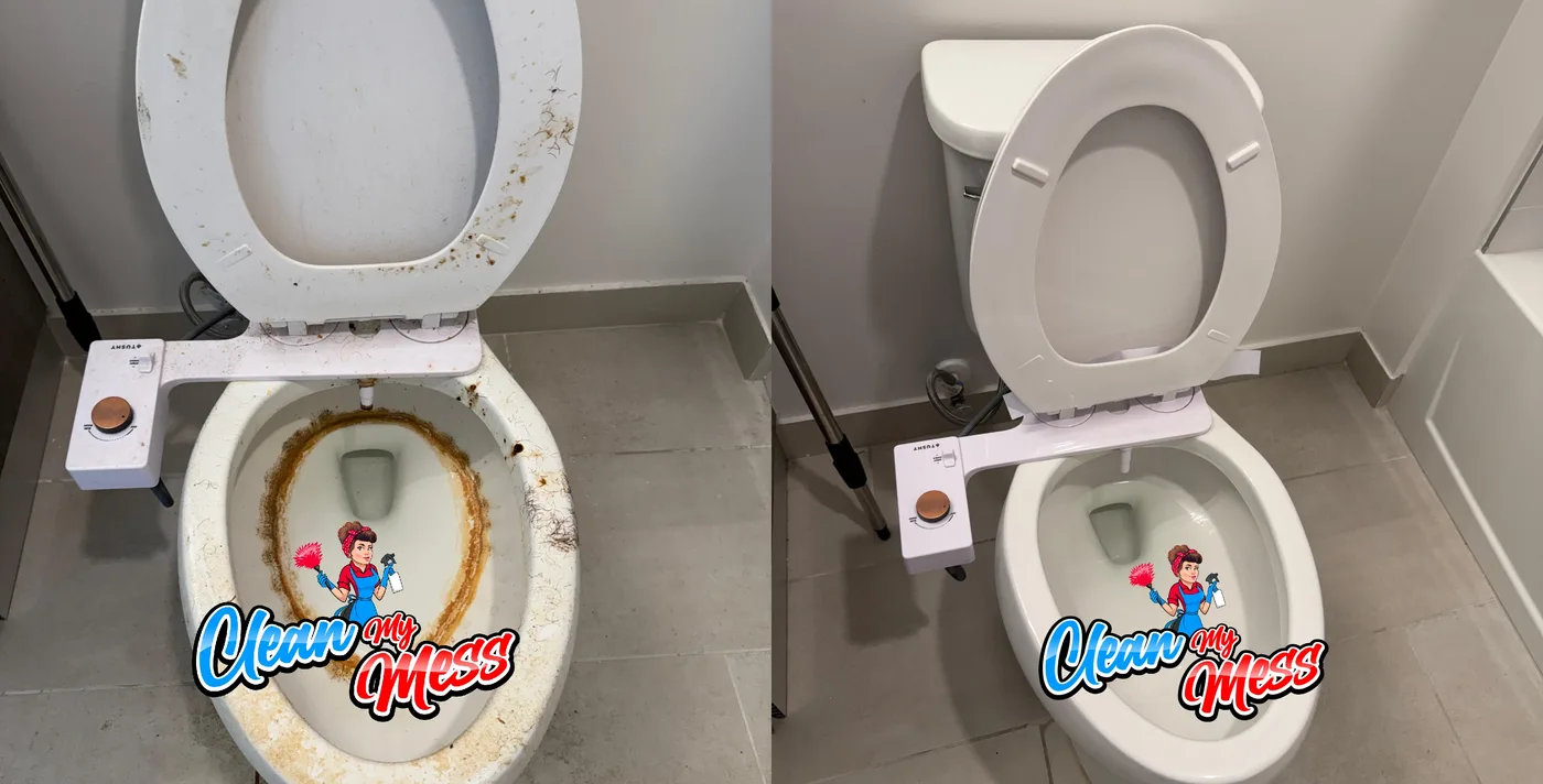 Inodoro antes y después de una limpieza profunda de Clean My Mess