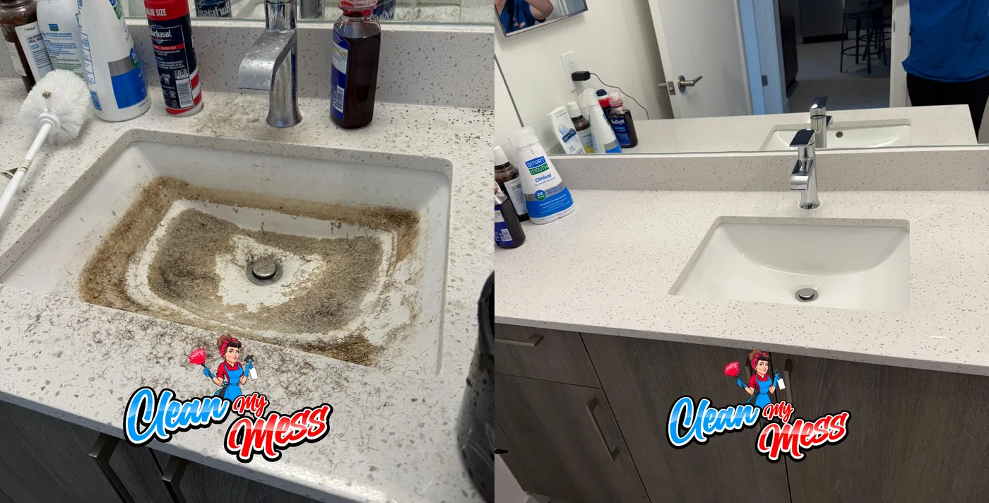 Lavabo antes y después de una limpieza profunda de Clean My Mess