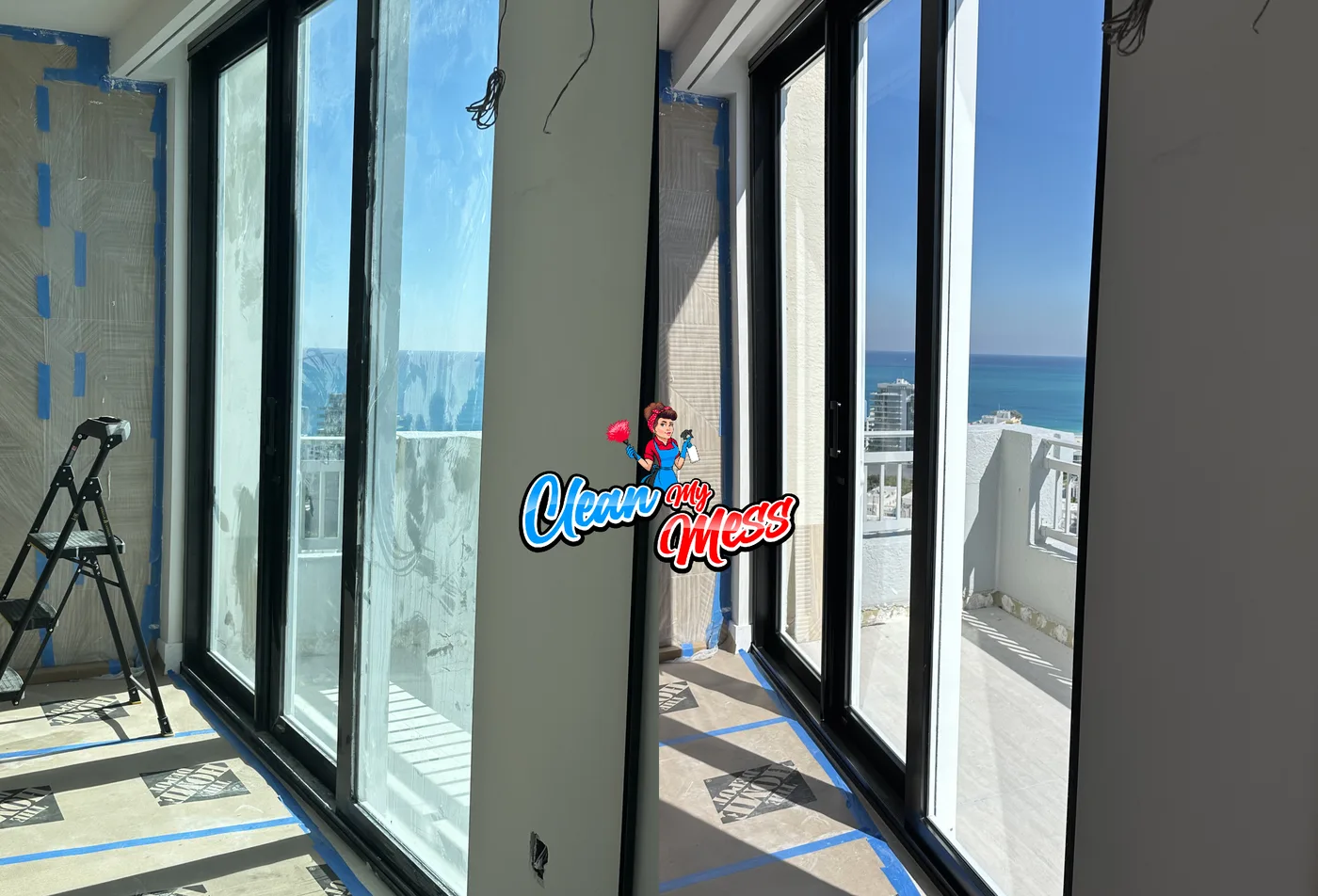 Floor to ceiling windows cleaned with a view over the bay