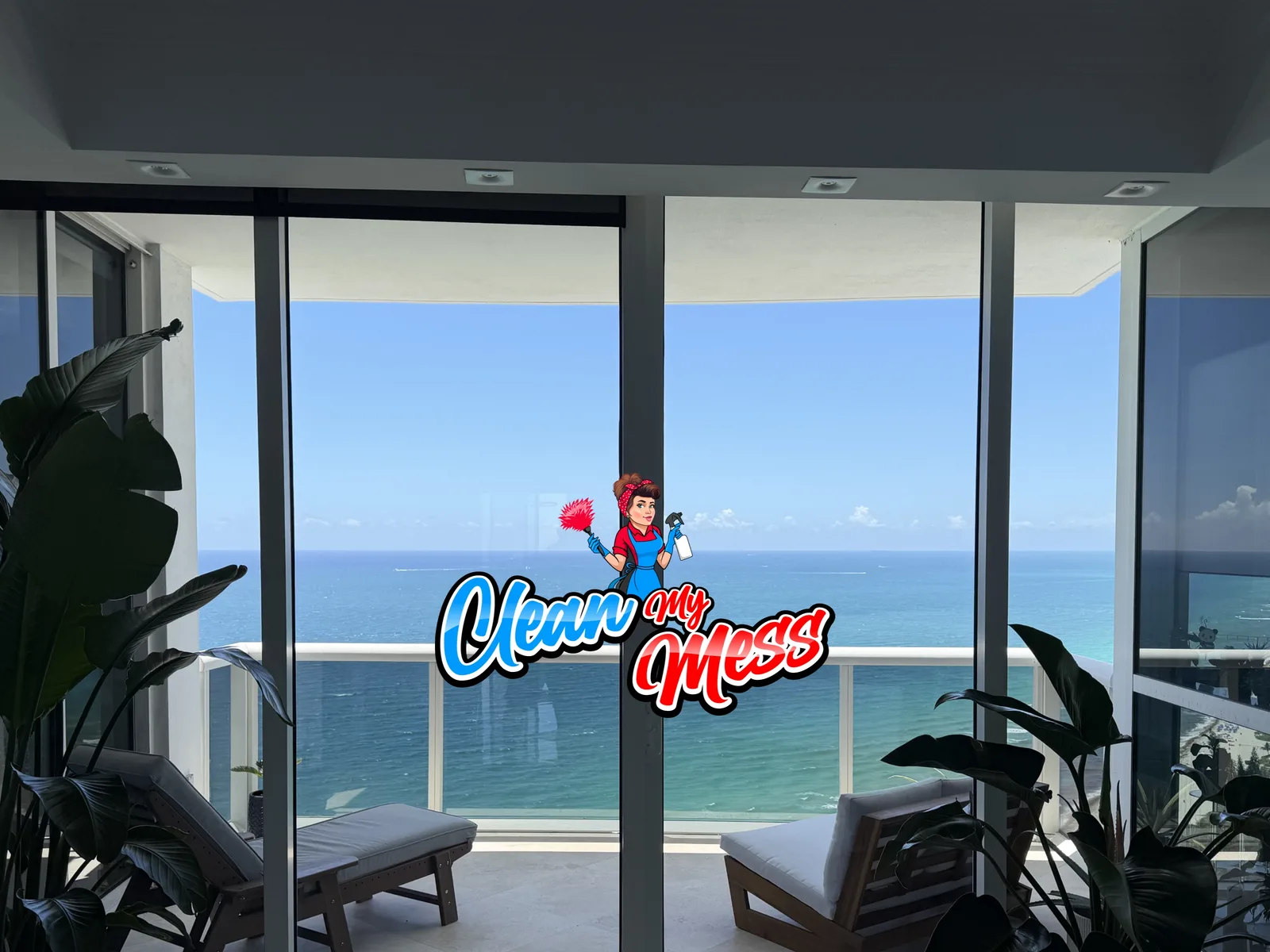 Puertas de vidrio de piso a techo impecables hacia un balcón frente al mar en Sunny Isles, tras la limpieza de ventanas de Clean My Mess